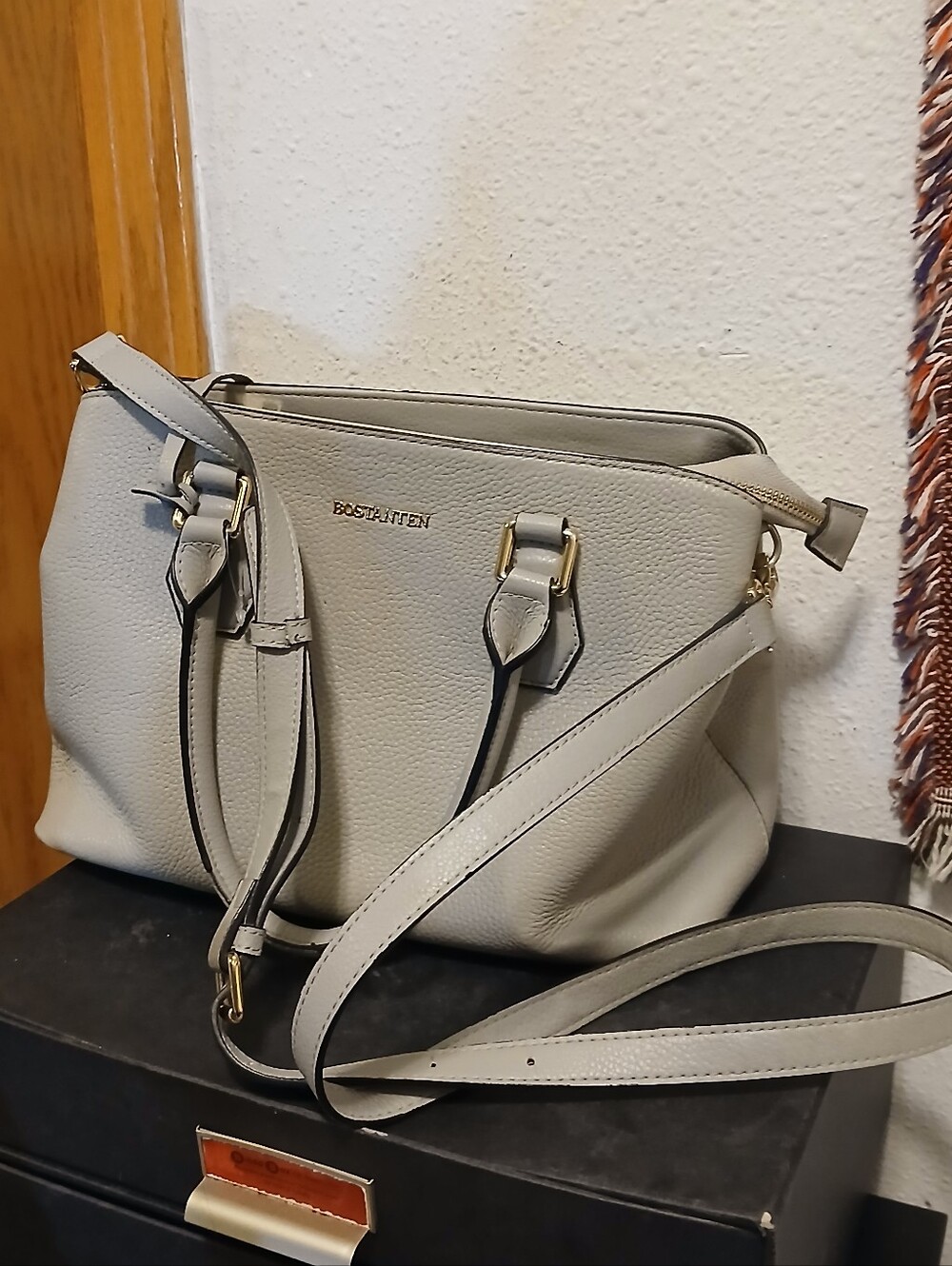 Bostanten Gray Pebbled Leather Satchel Crossbody Shoulder Bag Gold Hardware